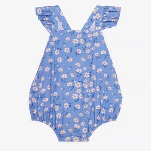 Posh Peanut Colette Ruffle Strap Bubble Romper 24M|Poplin Baby Girl - Blue Daisy
